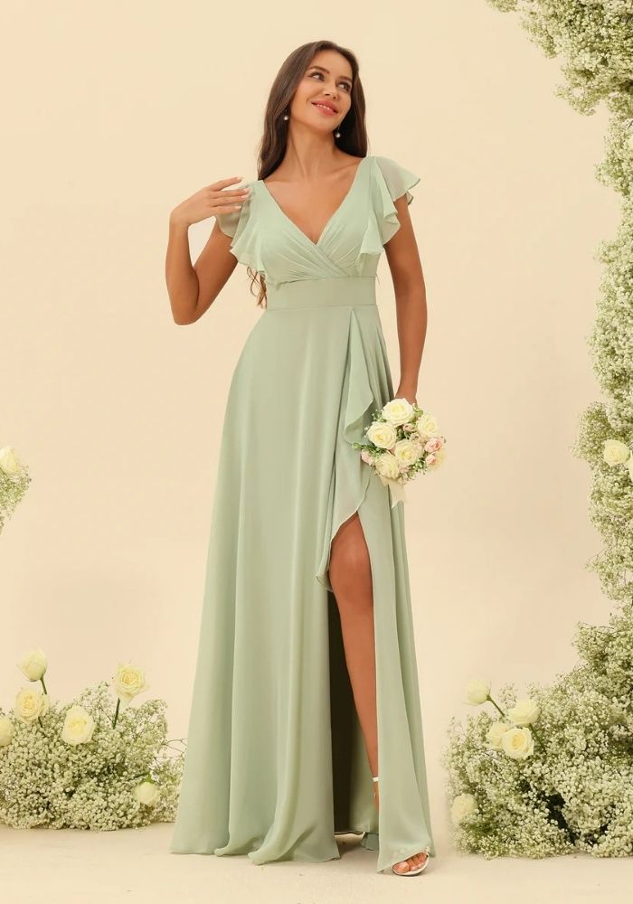 Kleid Salbeigrün Chiffon-Hochzeitskleid mit Rüschen