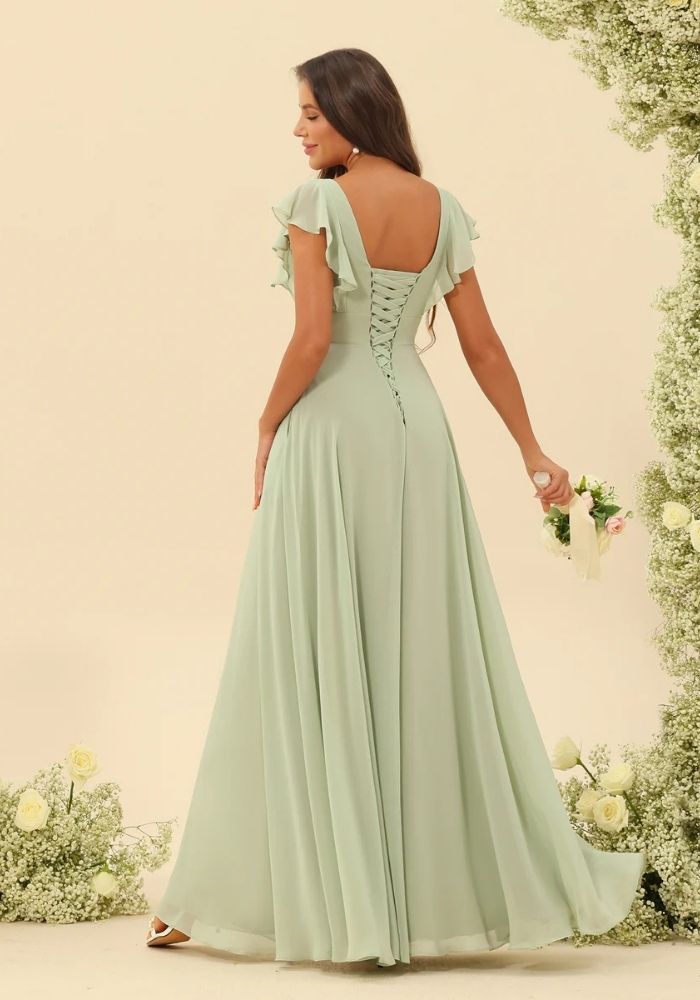 Kleid Salbeigrün Chiffon-Hochzeitskleid mit Rüschen