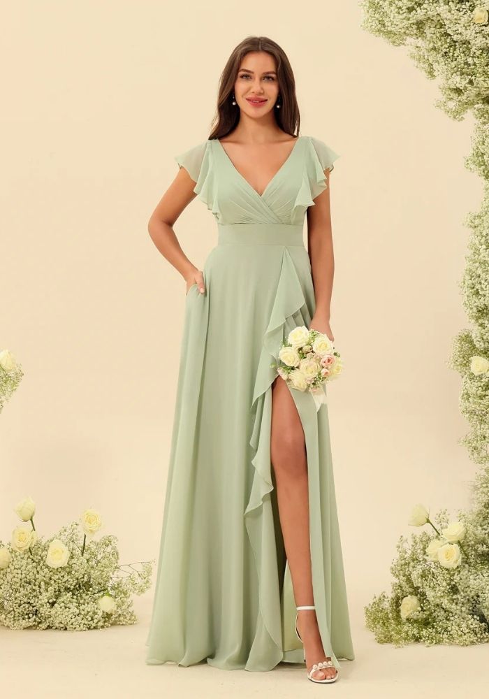 Kleid Salbeigrün Chiffon-Hochzeitskleid mit Rüschen