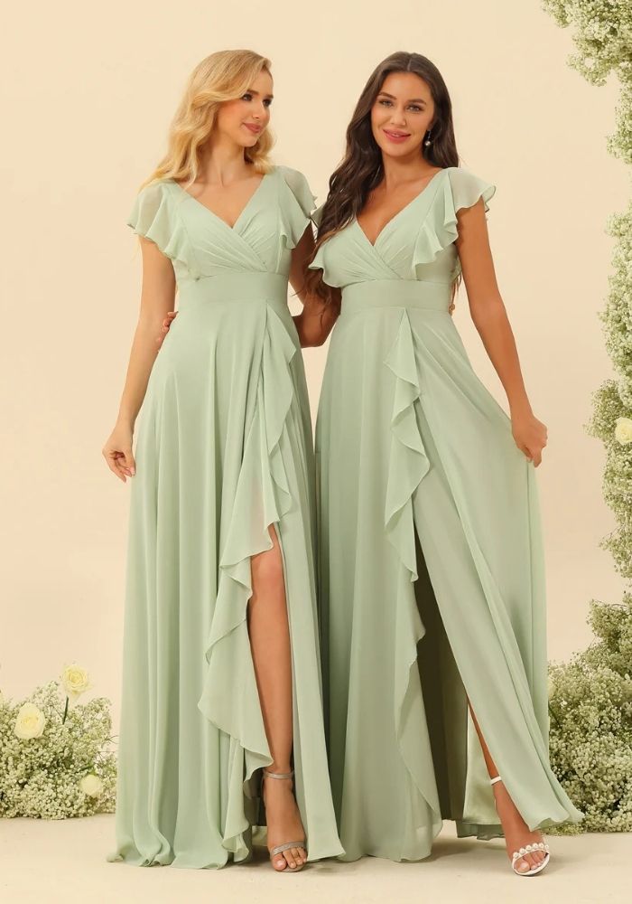 Kleid Salbeigrün Chiffon-Hochzeitskleid mit Rüschen