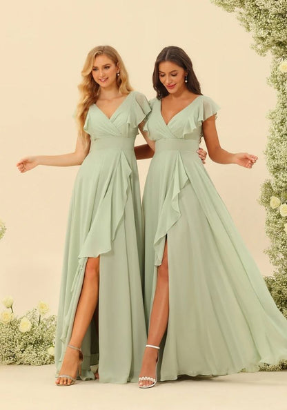 Kleid Salbeigrün Chiffon-Hochzeitskleid mit Rüschen