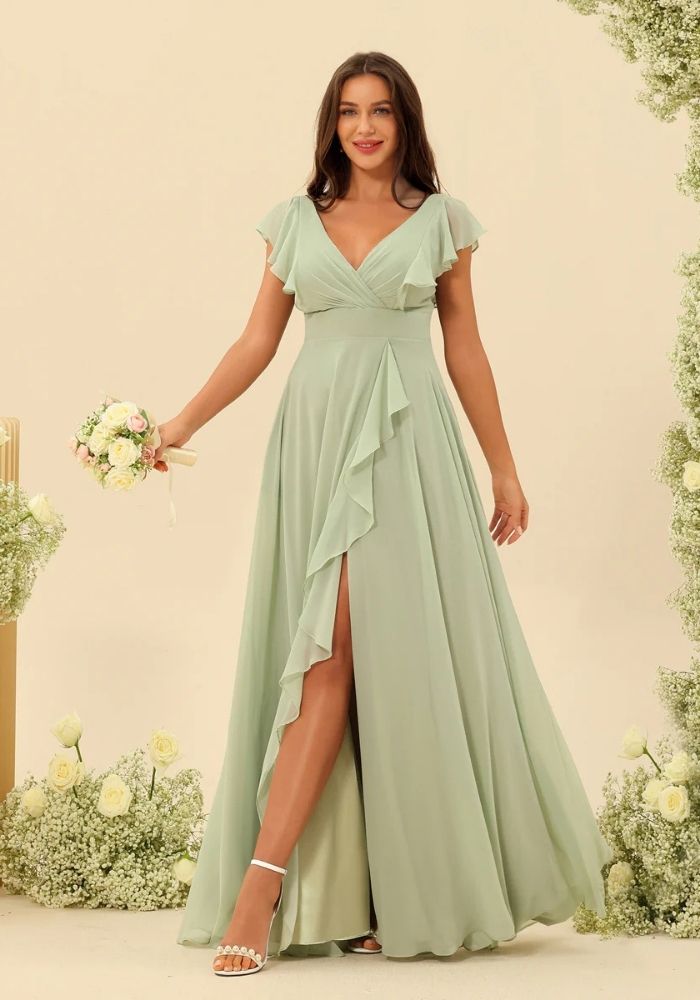 Kleid Salbeigrün Chiffon-Hochzeitskleid mit Rüschen
