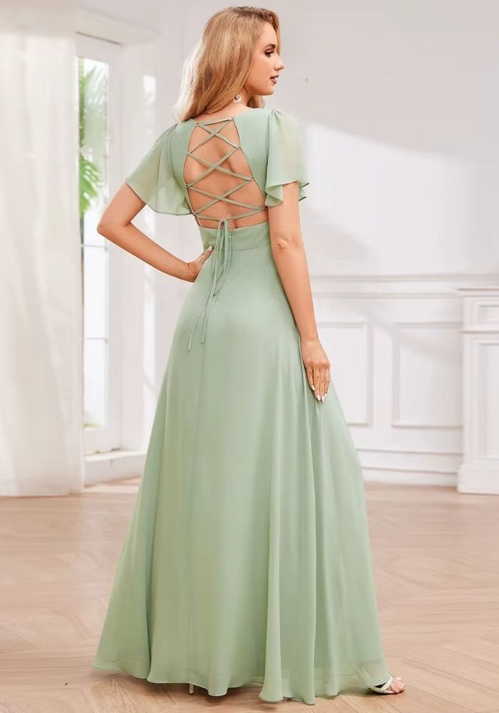 Langes Kleid Salbeigrün Rückenfrei Elegante